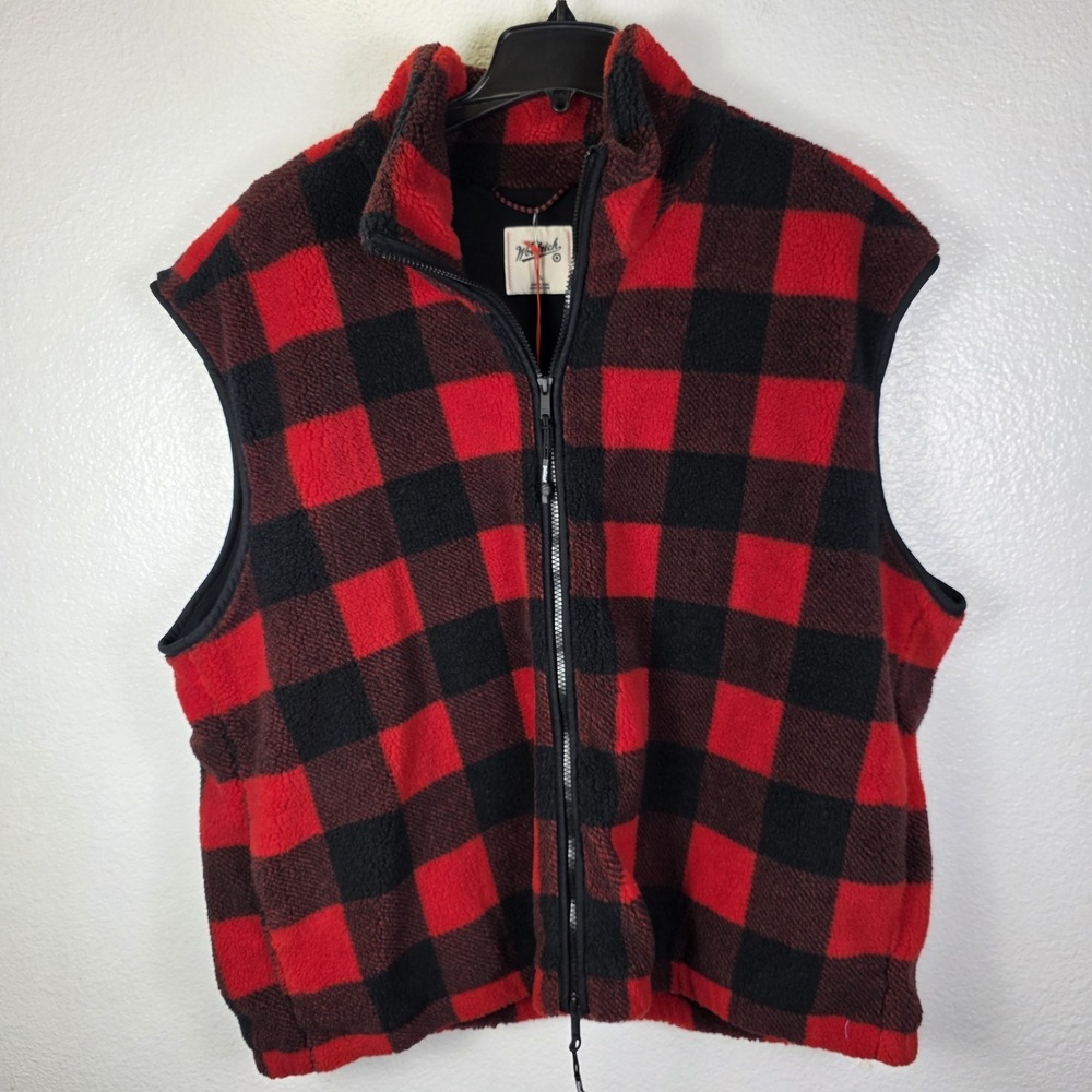 Woolrich Buffalo Plaid Fleece Faux-Shearling Vest Red Black Full Zip Size XL